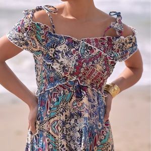 By Anthropologie Smocked Gauze Criss-Cross Dress Blue Motif